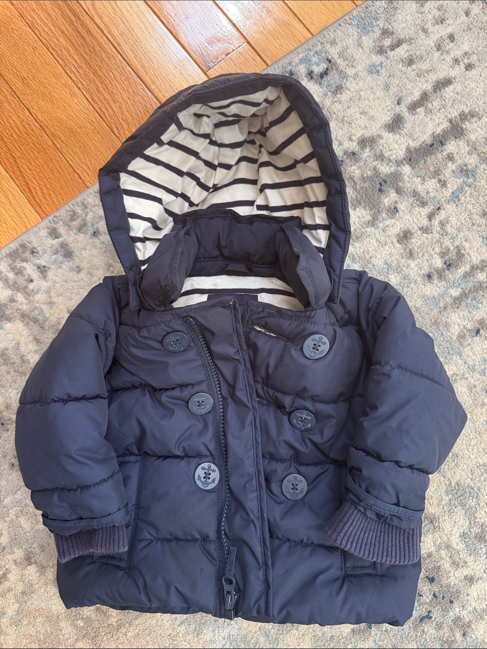 Baby GAP Navy Hooded Puffer Jacket with Striped Lining 6-12 months